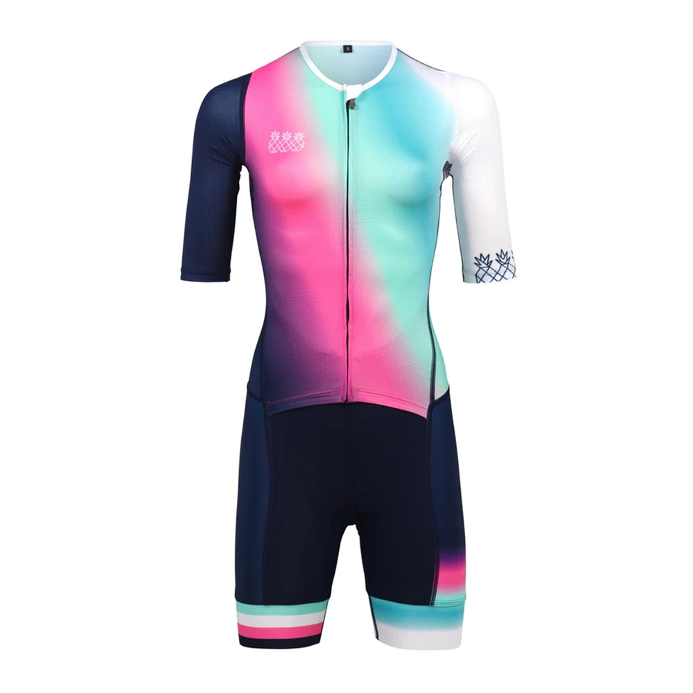 Triathlon Cycling Kit - ชุดไตรกีฬาสำหรับผู้หญิงฤดูร้อนชุดสกินสูทแบบทีมมืออาชีพชุดปั่นจักรยานชุดจั๊มสูทปั่นจักรยานเสือหมอบแห้งเร็วชุดทริชุดชุดเชียร์ลีดเดอร์